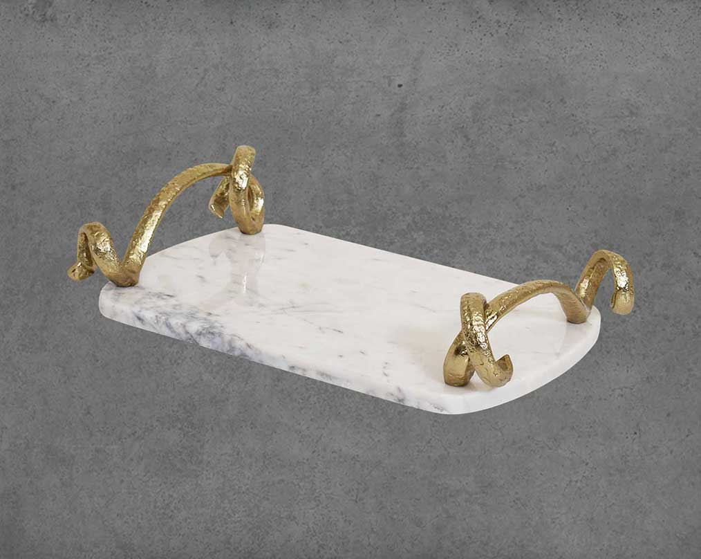 Marble Platter/ Cheese board in white with lustrous gold-finished handles.