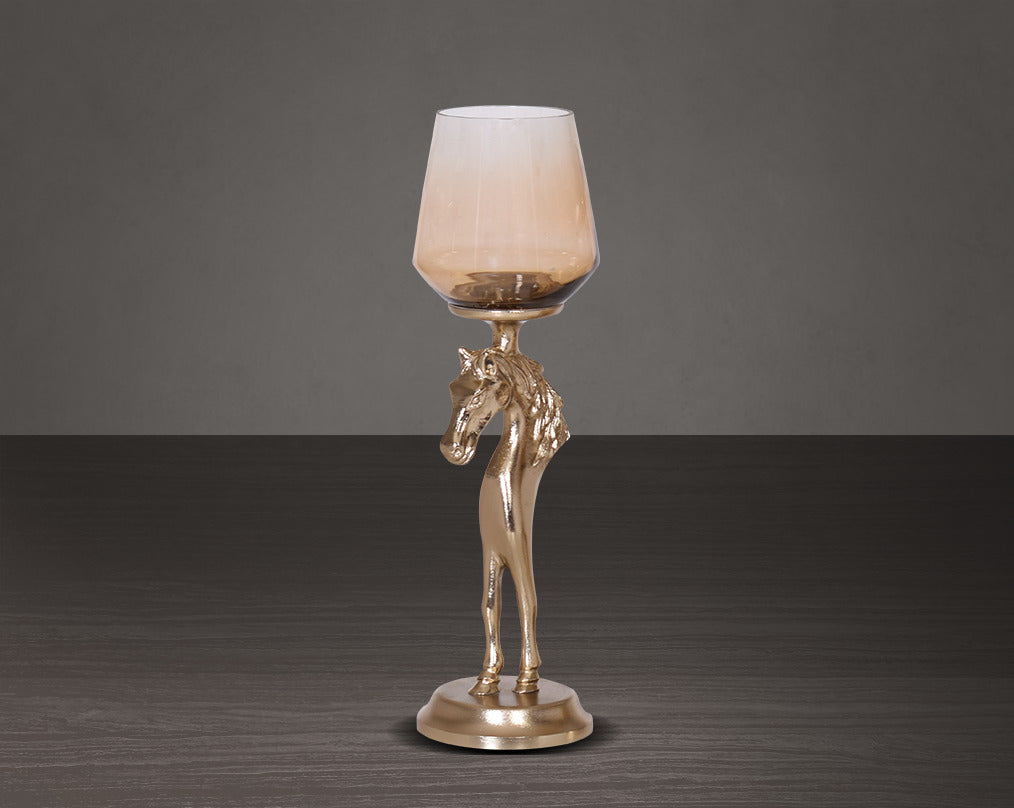 This vintage horse pillar candle holder with ombre grey lustre glass and gold-finished aluminium base - large 