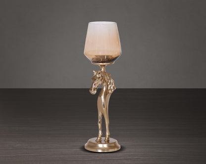 This vintage horse pillar candle holder with ombre grey lustre glass and gold-finished aluminium base - large 