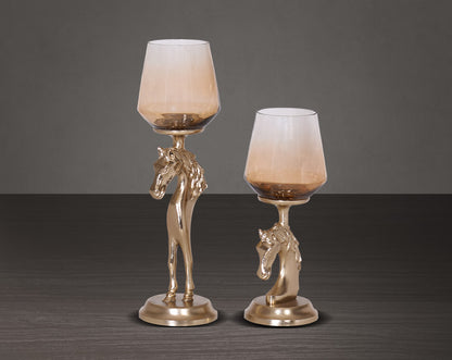 This vintage horse pillar candle holder with ombre grey lustre glass and gold-finished aluminium base 1 large 2 small
