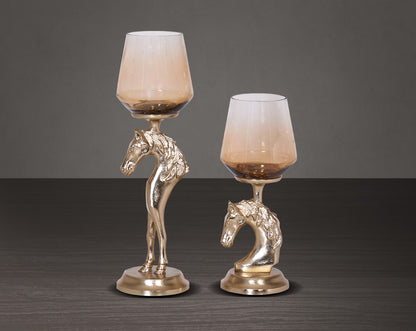 This vintage horse pillar candle holder with ombre grey lustre glass and gold-finished aluminium base 1 large 2 small