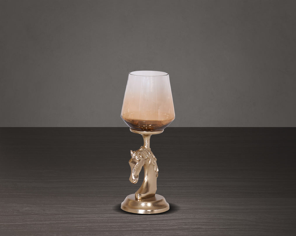 This vintage horse pillar candle holder with ombre grey lustre glass and gold-finished aluminium base - small