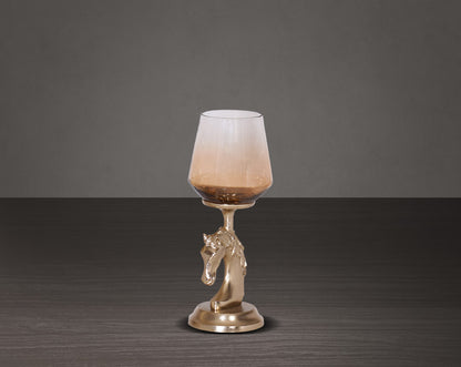 This vintage horse pillar candle holder with ombre grey lustre glass and gold-finished aluminium base - small