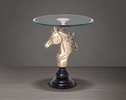 This vintage end table in gold finish aluminium base with horse head design motif with side view