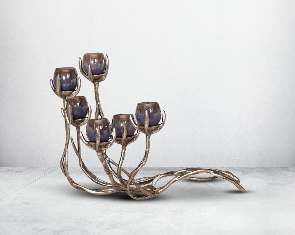 Multi T-light votive holder in grey lustre glass with gold-finished aluminium base.