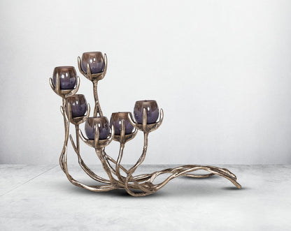 Multi T-light votive holder in grey lustre glass with gold-finished aluminium base.