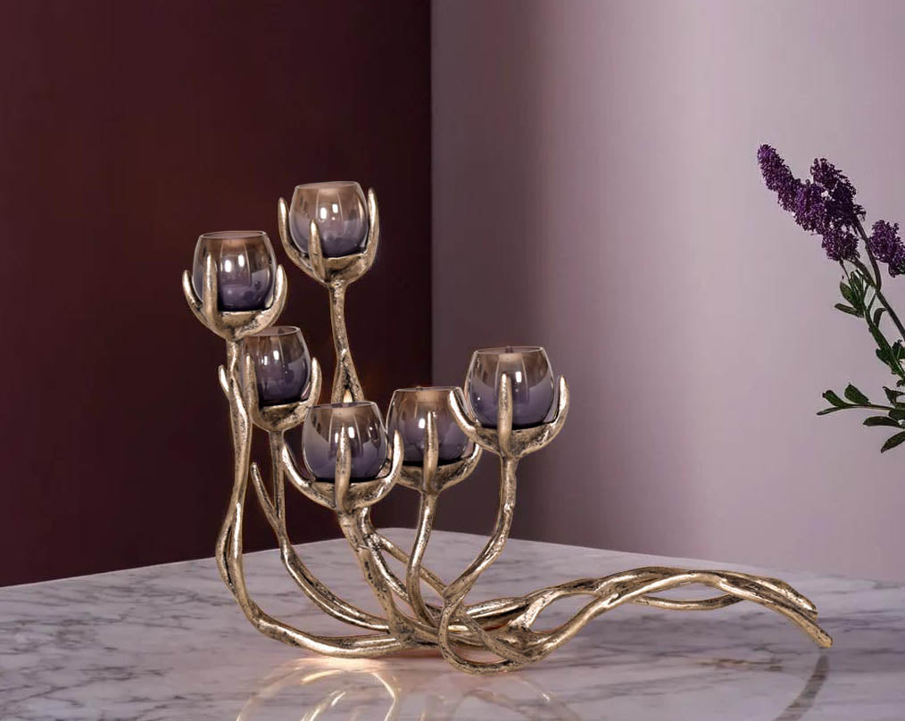 Multi T-light votive holder in grey lustre glass with gold-finished aluminium base with table