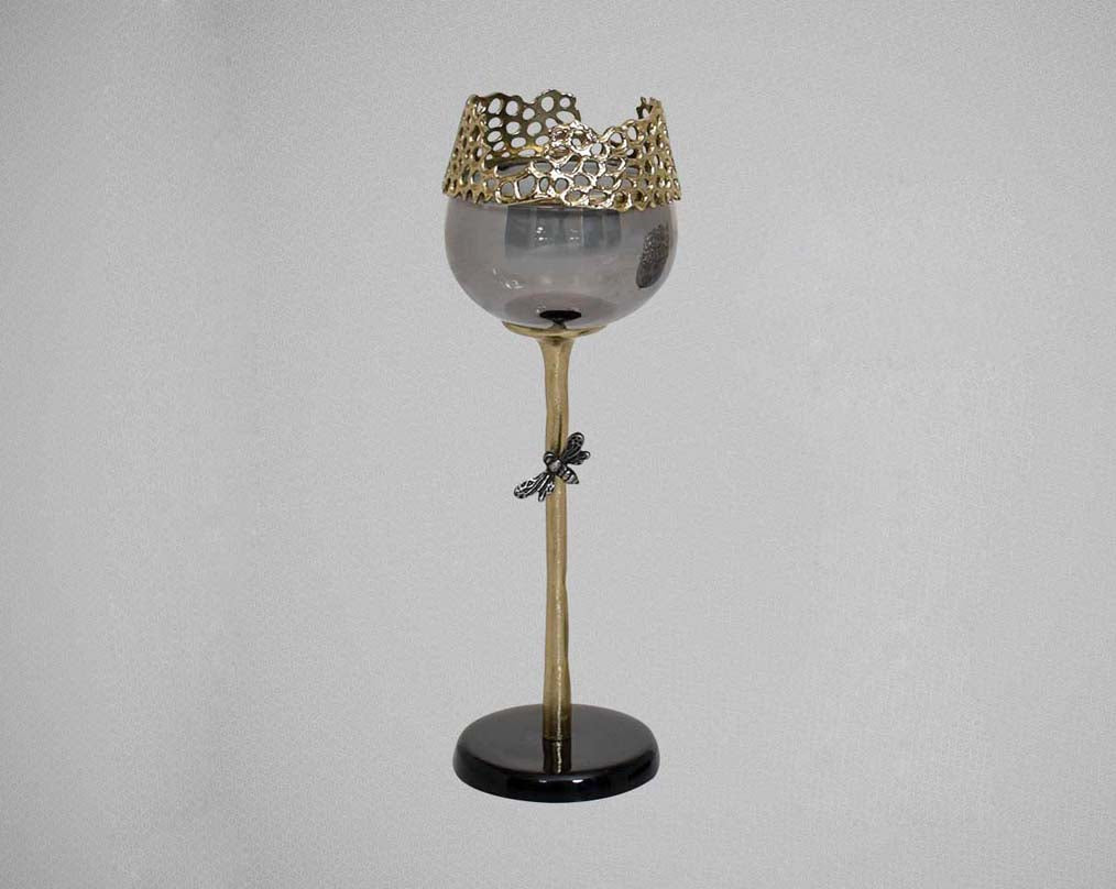 Goblet glass votive t-lite holder in textured black & grey luster glass with antique nickel finish aluminum decorative base.