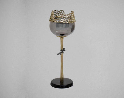 Goblet glass votive t-lite holder in textured black & grey luster glass with antique nickel finish aluminum decorative base.