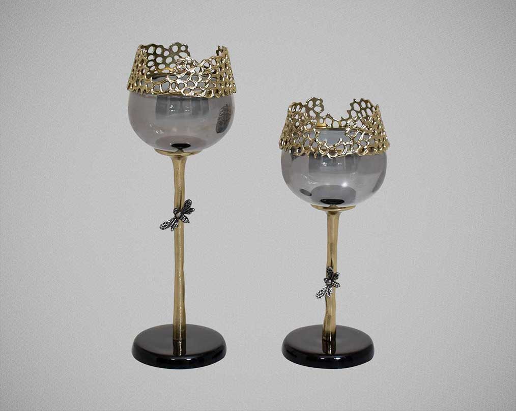 Goblet glass votive t-lite holder in textured black & grey luster glass with antique nickel finish aluminum decorative base.
