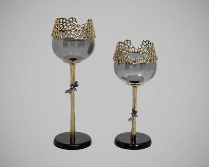 Goblet glass votive t-lite holder in textured black & grey luster glass with antique nickel finish aluminum decorative base.