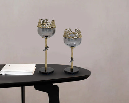 Goblet glass votive t-lite holder with table in textured black & grey luster glass with antique nickel finish aluminum decorative base.