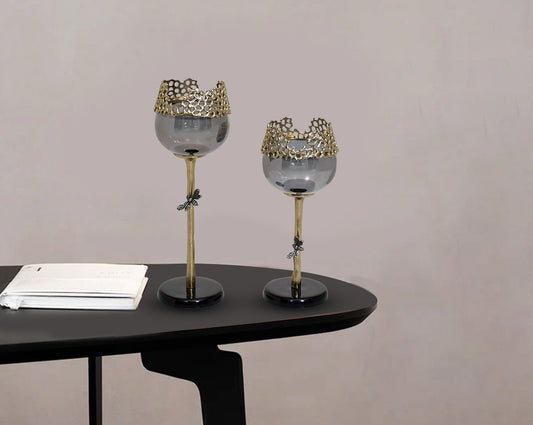 Goblet glass votive t-lite holder with table in textured black & grey luster glass with antique nickel finish aluminum decorative base.