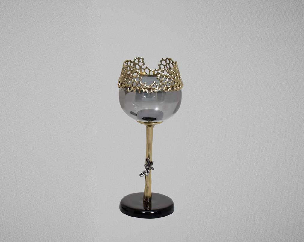 Goblet glass votive t-lite holder in textured black & grey luster glass with antique nickel finish aluminum decorative base.