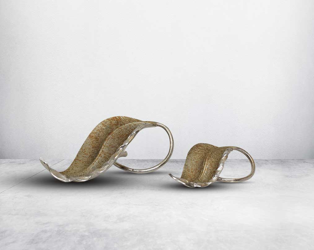 Decorative aluminium leaf sculpture in antique taupe & nickel finish 1 large 2 small