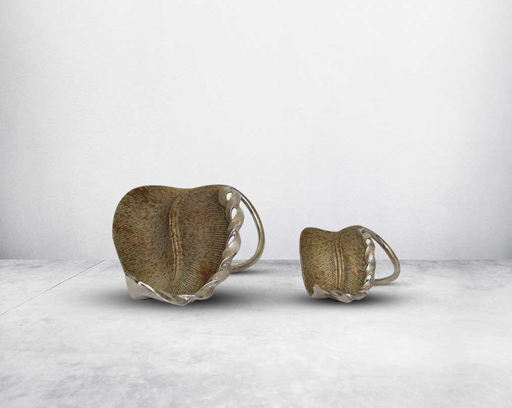 Decorative aluminium leaf sculpture in antique taupe & nickel finish front view