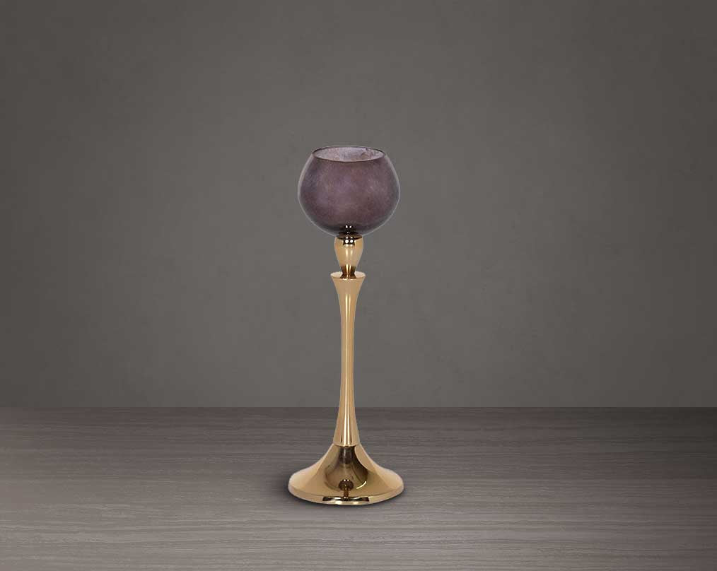 Goblet glass votive t-lite holder in gold dusk lustre glass & antique gold plated aluminium base. small