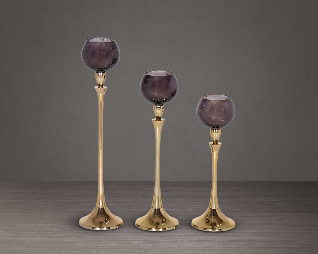 Goblet glass votive t-lite holder in gold dusk lustre glass & antique gold plated aluminium base. 1 large 2 medium 3 small