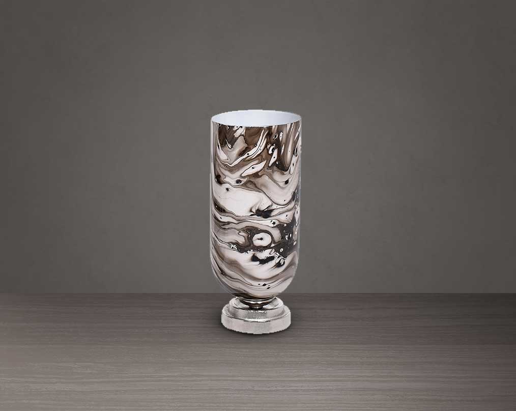 Hurricane candle holder in marquina enamel and nickel coated aluminium base. small