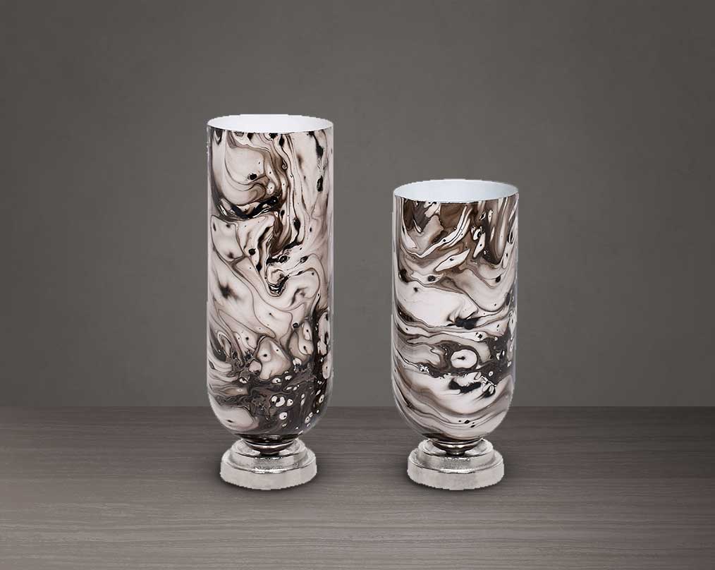 Hurricane candle holder in marquina enamel and nickel coated aluminium base. 1 large 2 small