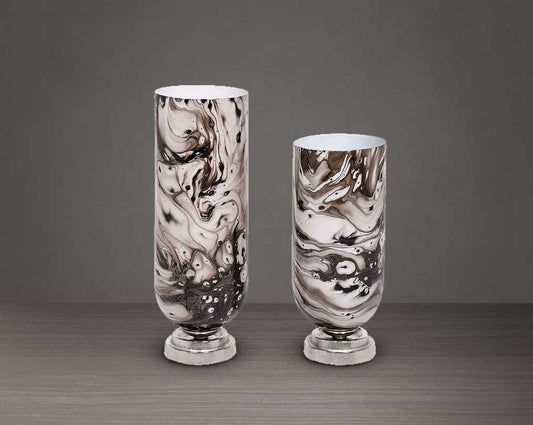 Hurricane candle holder in marquina enamel and nickel coated aluminium base. 1 large 2 small