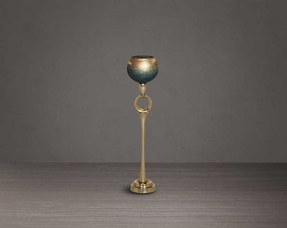 Decorative Goblet T-Lite holder in a champagne glass and antique gold aluminium base. small
