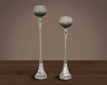 Pillar goblet candle holder in white & grey lustre glass with nickel-plated textured aluminum decorative base. 1 large 2 small