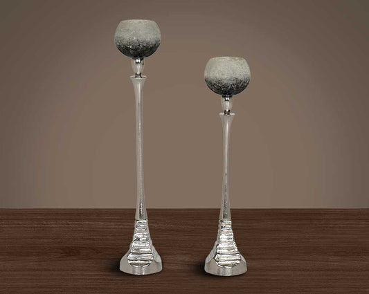 Pillar goblet candle holder in white & grey lustre glass with nickel-plated textured aluminum decorative base. 1 large 2 small