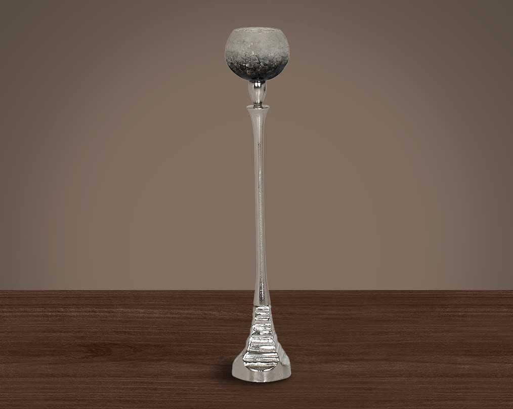 Pillar goblet candle holder in white & grey lustre glass with nickel-plated textured aluminum decorative base. large 