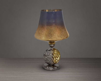Candle holder in solstice champagne lustre glass and antique nickel-plated textured aluminum decorative base. large 