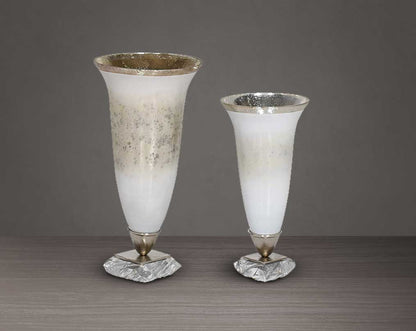 Hurricane candle stand in white and silver lustre glass with arctic breeze feel & nickel plated acrylic textured decorative base. 1 large 2 small