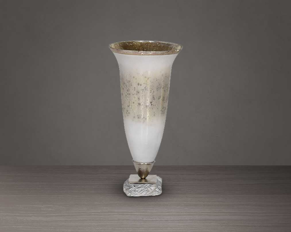 Hurricane candle stand in white and silver lustre glass with arctic breeze feel & nickel plated acrylic textured decorative base. large 