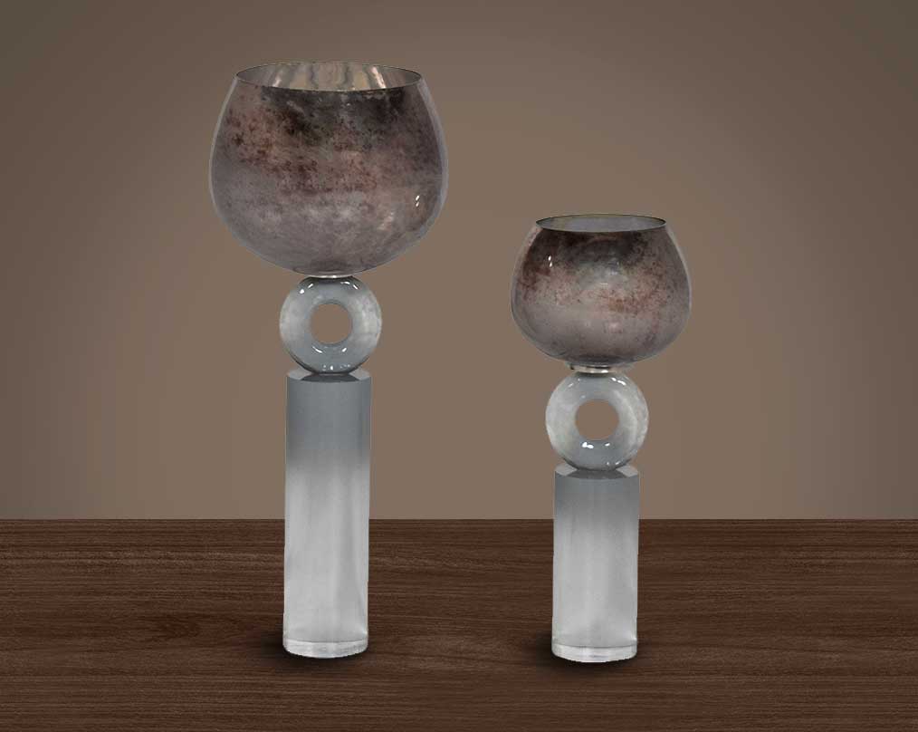 Goblet candle holder in grey and gold lustre glass with taupe ombre feel & acrylic decorative base.