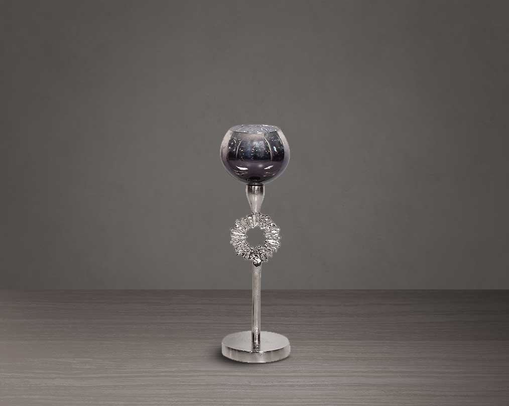 Goblet glass votive t-lite holder in textured black & grey luster glass with nickel finish aluminum decorative base. small