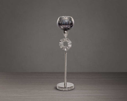 Goblet glass votive t-lite holder in textured black & grey luster glass with nickel finish aluminum decorative base. large