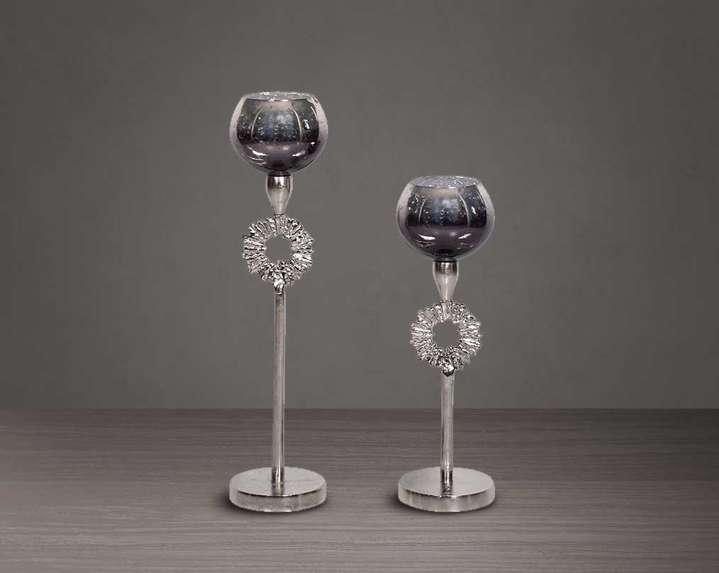 Goblet glass votive t-lite holder in textured black & grey luster glass with nickel finish aluminum decorative base.