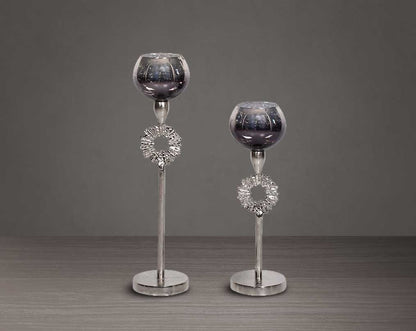 Goblet glass votive t-lite holder in textured black & grey luster glass with nickel finish aluminum decorative base.