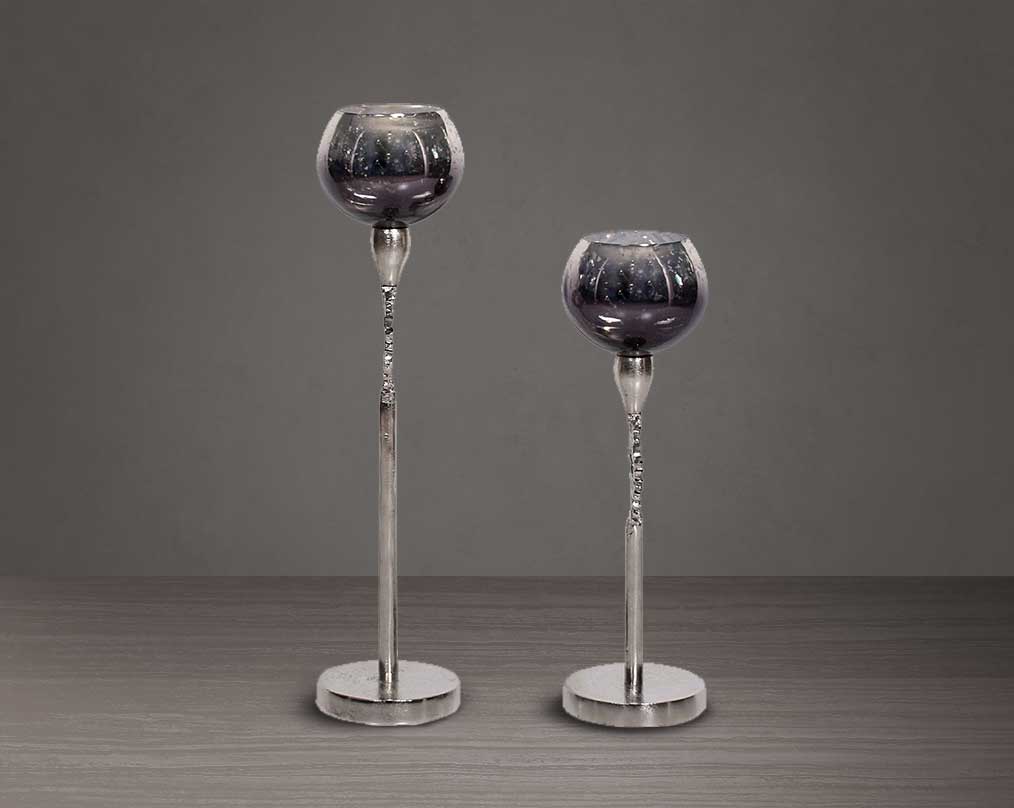 Goblet glass votive t-lite holder in textured black & grey luster glass with nickel finish aluminum decorative base.1 large 2 small