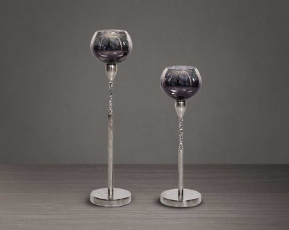 Goblet glass votive t-lite holder in textured black & grey luster glass with nickel finish aluminum decorative base.1 large 2 small
