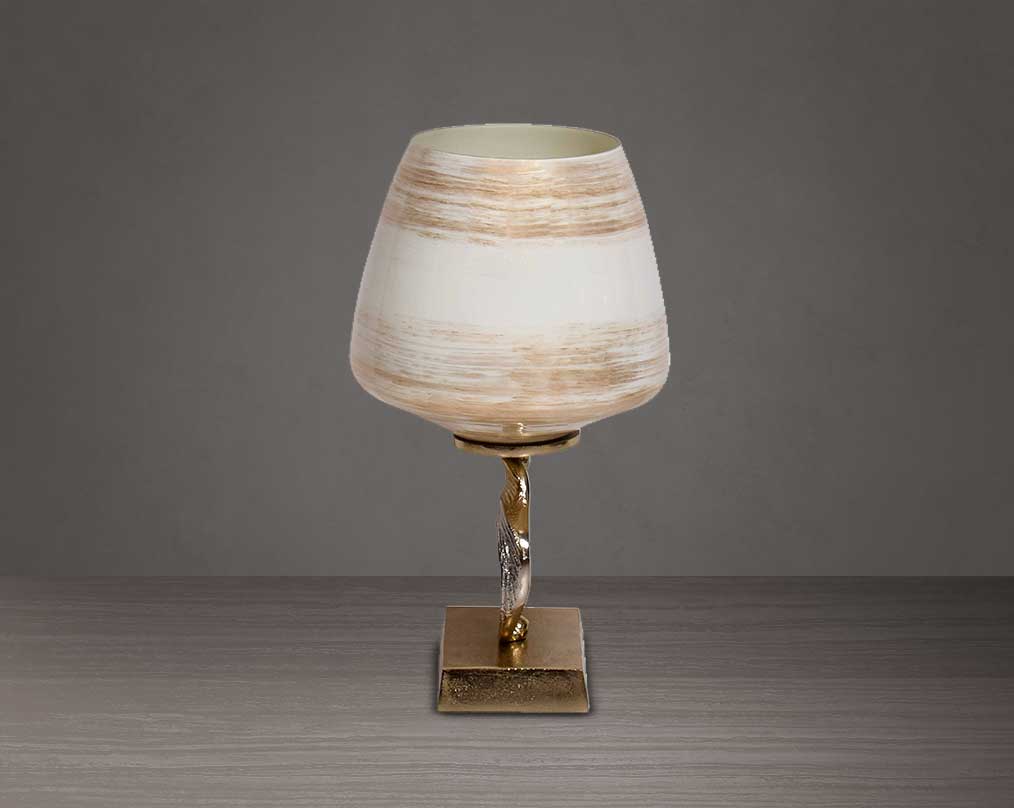 Candle pillar holder in brown luster glass and antique gold plated aluminum decorative base.