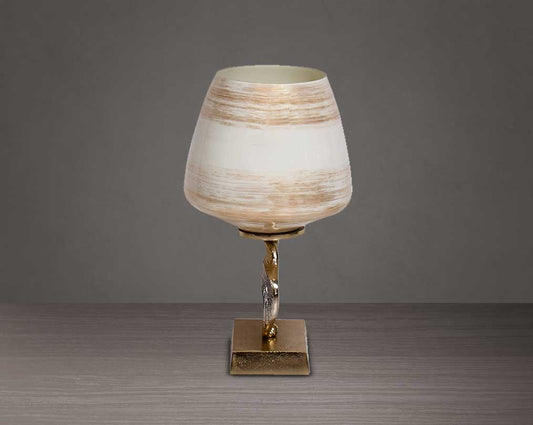 Candle pillar holder in brown luster glass and antique gold plated aluminum decorative base.