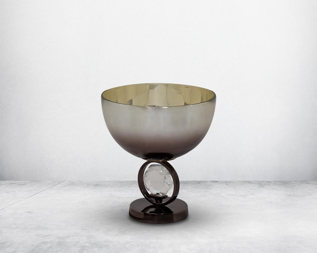 Decorative bowl in brown luster glass and antique nickel plated aluminium & acrylic decorative base.
