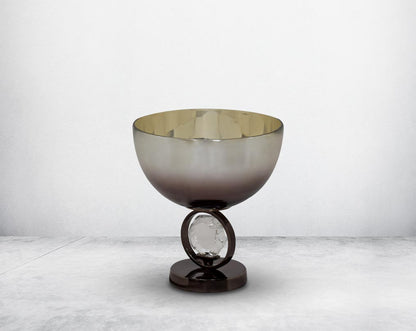 Decorative bowl in brown luster glass and antique nickel plated aluminium & acrylic decorative base.