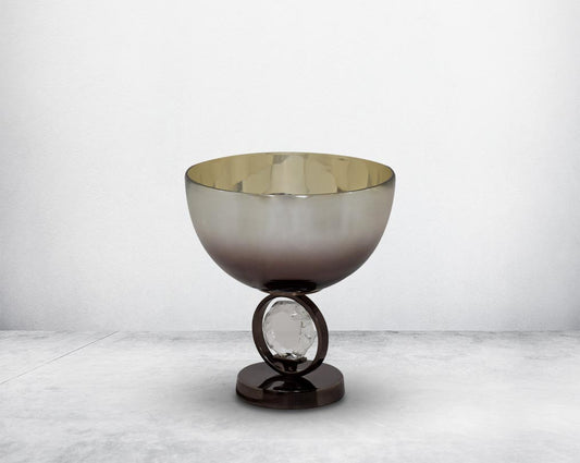 Decorative bowl in brown luster glass and antique nickel plated aluminium & acrylic decorative base.