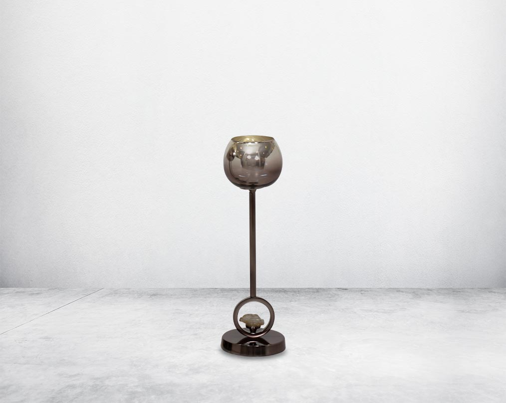 Pillar goblet candle holder in brown lustre glass with nickel-plated textured aluminum decorative base with a zeolite stone motiff "small