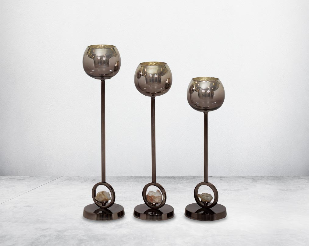 "Pillar goblet candle holder in brown lustre glass with nickel-plated textured aluminum decorative base with a zeolite stone motiff " 1 large 2 medium 3 small