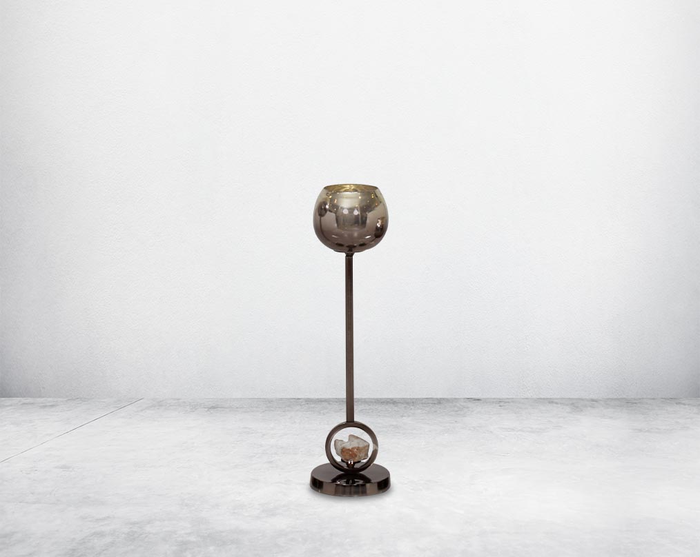 Pillar goblet candle holder in brown lustre glass with nickel-plated textured aluminum decorative base with a zeolite stone motiff " medium 