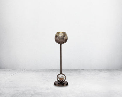 Pillar goblet candle holder in brown lustre glass with nickel-plated textured aluminum decorative base with a zeolite stone motiff " medium 