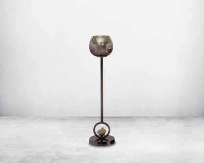Pillar goblet candle holder in brown lustre glass with nickel-plated textured aluminum decorative base with a zeolite stone motiff "  large 
