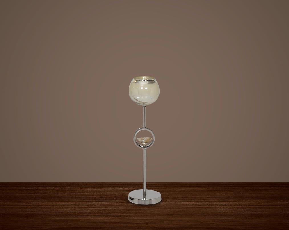 "Pillar goblet candle holder in taupe lustre glass with nickel-plated textured aluminum decorative base. " small